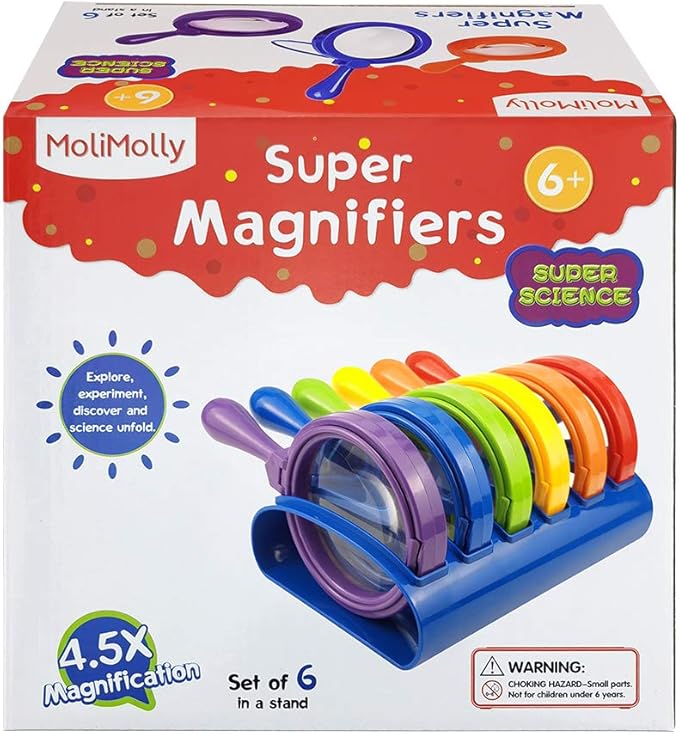 Kids Jumbo Magnifying Glass with Stand- 6 Pieces,Ages 3+, Easy Grasp Primary Science Magnifiers with Stand,Science Classroom Accessories, Teacher Supplies, Observation Toys for Kids