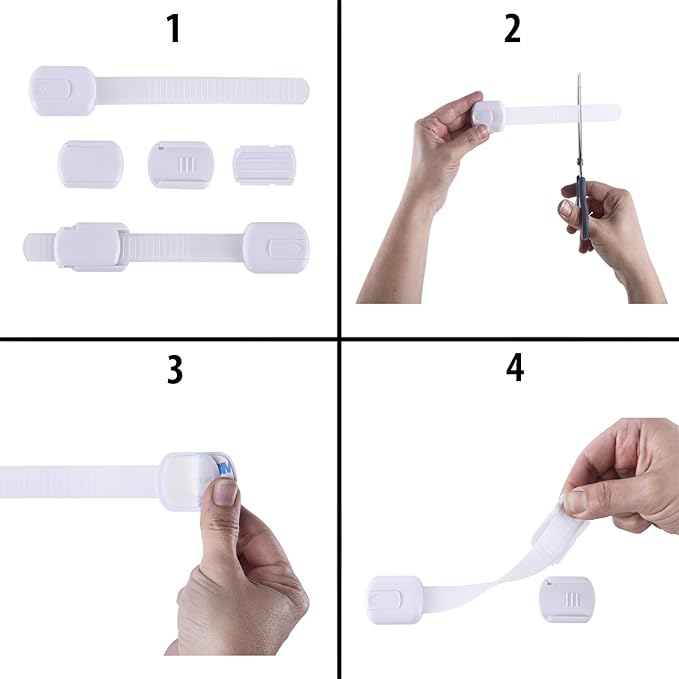Child Safety Cabinet Locks (8 Pack) – Adjustable Baby Proofing Strap Latches with Strong 3M Adhesive – No Drill Childproof Locks for Drawers, Cabinets, Fridge, Door, Closet, White