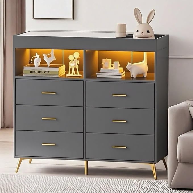 Dresser for Bedroom with 6 Drawers, Multi-Functional Nursery Dresser with LED Lights & Charging Station,Baby Changing Table Table with Diaper Changing Station