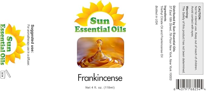 Sun Essential Oils – 4 oz Frankincense Essential Oil with Dropper for Diffuser, Skin, Face, Aromatherapy Massage, Humidifier, Warm & Resinous Scent for Candle, Lotion & Soap Making, Room Fragrance