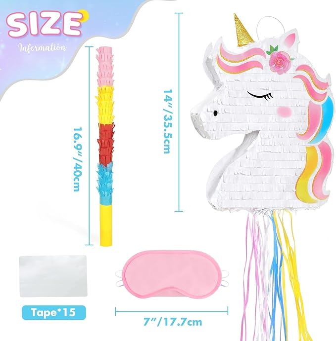 WERNNSAI Foldable Unicorn Piñata - Pull String Unicorn Birthday Party Supplies Extendable Unicorn with Blindfold Bat and Tassels Unicorn Birthday Party Decoration Games Folding Piñatas for Kids