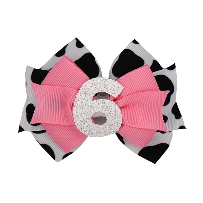 Sixth Birthday Hair Bow for Baby Girls 1 2 3 4 5 6 Years Sprinkle Decorations Party Hair Clip Accessories for Six 6th Birthday Glitter Cow Print
