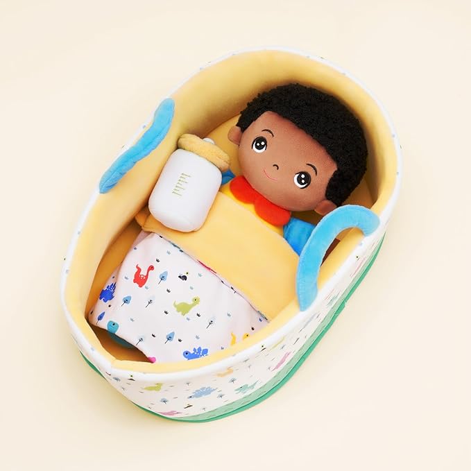 OUOZZZ 10" Soft Black Baby Boy Doll Set, Baby Doll Accessories Pretend Playset Emotional Social for 2 Year Olds Boy Christmas Birthday Gift Dinosaur