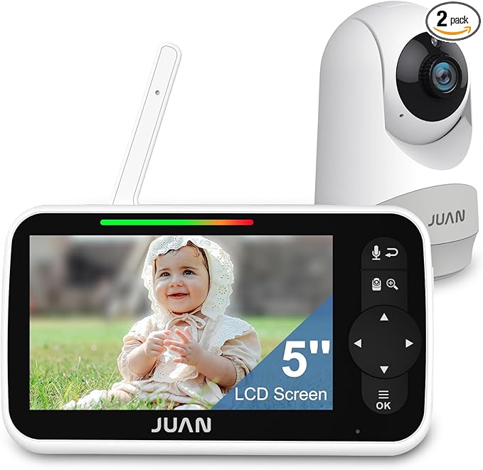 JUAN Baby Monitor with Camera and Audio, 5" LCD Screen, No WiFi 100% Private, 3500mAh Long Battery, 1000ft Range Connection, Remote Pan-Tilt-Zoom, Crystal Night Vision, 2-Way Talk for Newborn Infant
