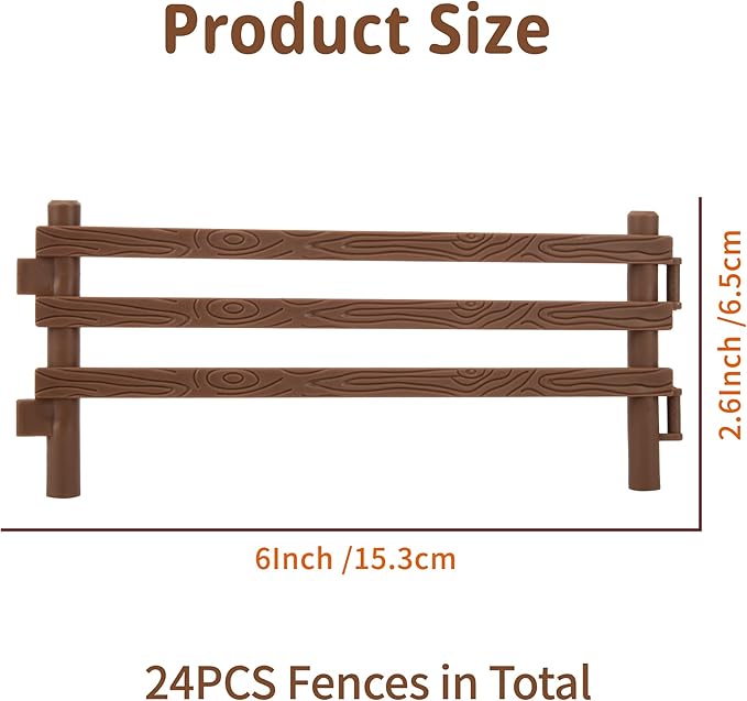 Toymany 24PCS Plastic Corral Fencing Playset Accessories for Farm Animals Figurines, Cake Toppers - Educational Gift for Kids and Toddlers