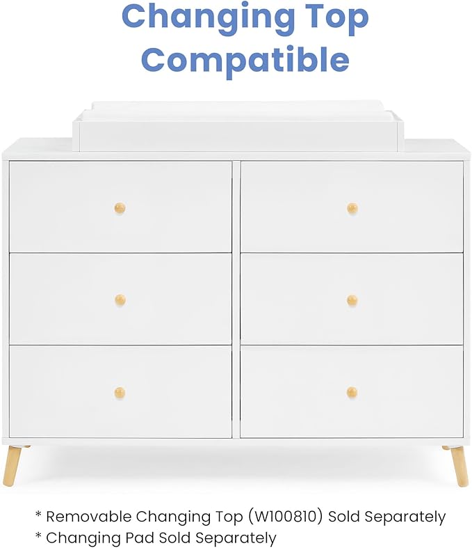 Delta Children Essex 6 Drawer Dresser, Bianca White/Natural