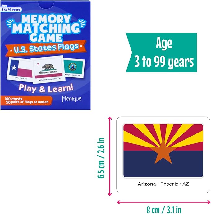 Menique U.S. States Flags Memory Matching Game – 100 Cards (50 Pairs) – Learn State Flags, Capitals & Abbreviations – Educational Card Game for Kids and Adults