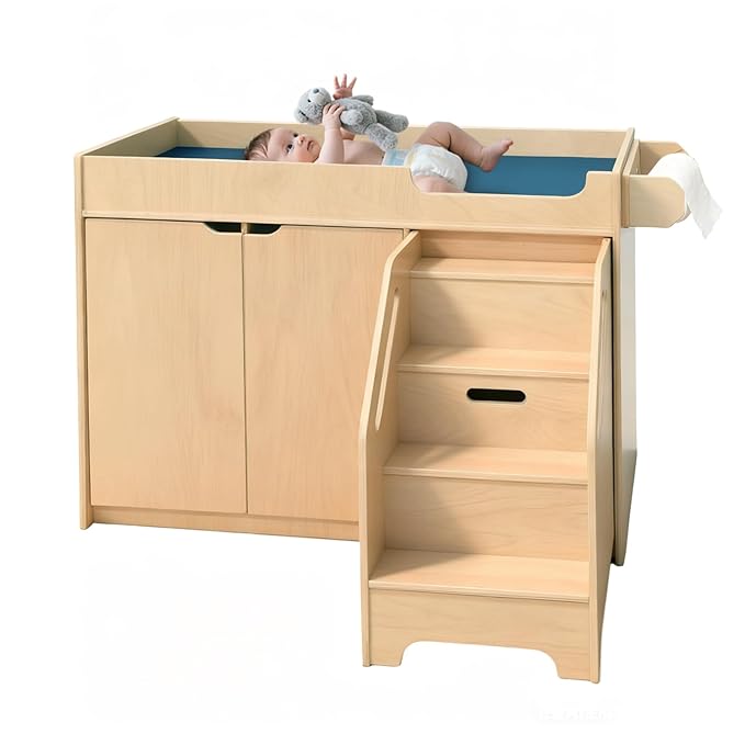 Wooden Baby Changing Table with Stairs & Storage, 100% Birch Plywood Toddler Diaper Changing Station with Tissue Holder, Montessori Furniture for Daycare, Nursery, Home, School