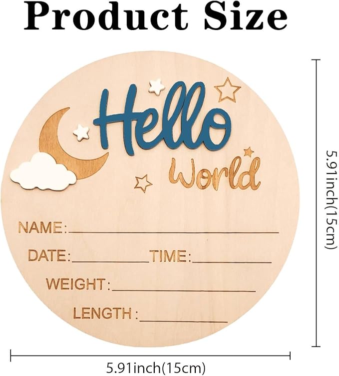 Baby Announcement Sign, 5.9 Inch Wooden Hello World Newborn Signs, Birth Announcement Sign and Pen, Moon and White Cloud Decoration, Welcome Newborn Arrival to World, Hospital Nursery for baby (Dark Blue)