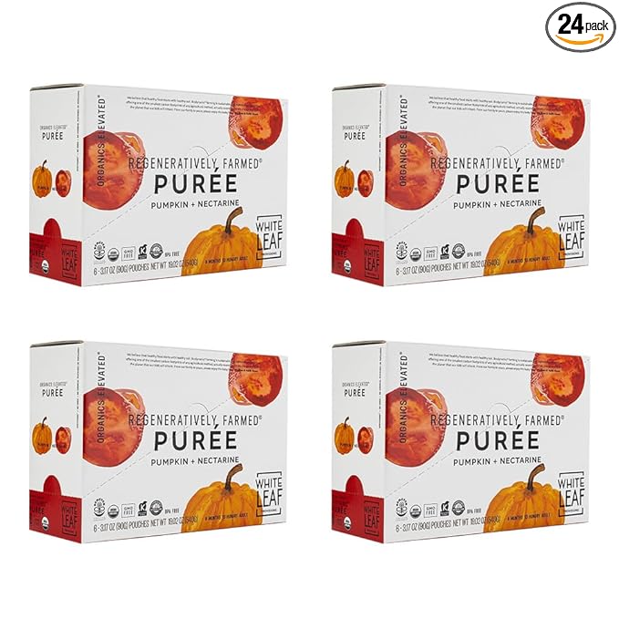 White Leaf Provisions Organic Purees / Baby Food Pouches - Fruits, Veggies & Grains, Toddler snack, Regeneratively Farmed, No Added Sugar, Non-GMO, BPA-Free Pouches 3.17 oz (Pack of 24, Pumpkin + Nectarine)