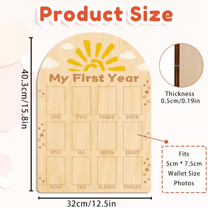 ORIGACH My First Year Baby Growth Photo Display Wood Board - 12 Months Newborn Milestones Photo Board - Neutral Baby Keepsake Frame 1st Birthday Party Nursery Decor New Mom Gift - Sun & Cloud