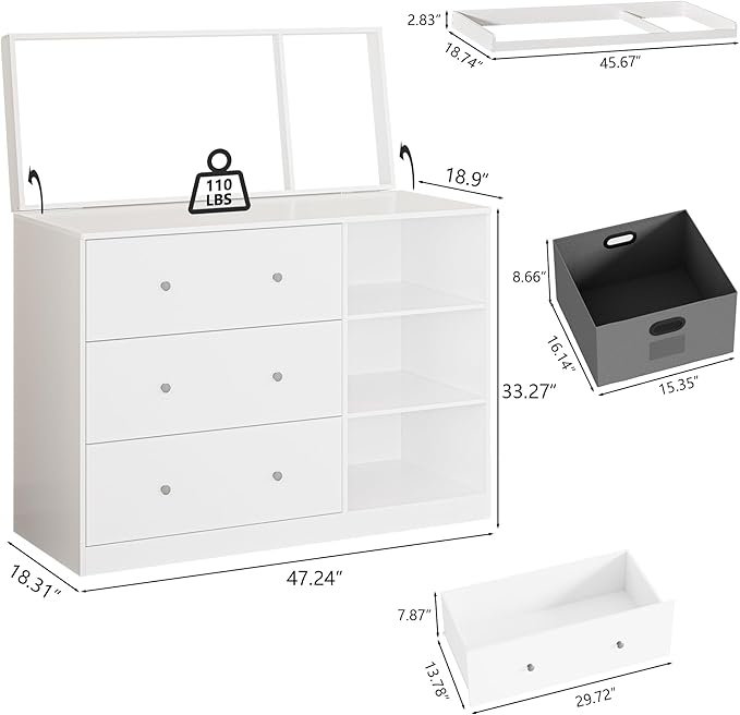 White Nursery Dresser with Changing Top, Baby Diaper Changing Station with 3 Fabric Drawer, Safety Rail & Nursery Organizer, Modern Dressers for Bedroom (47.2" W x 18.9" D x 36.1" H)