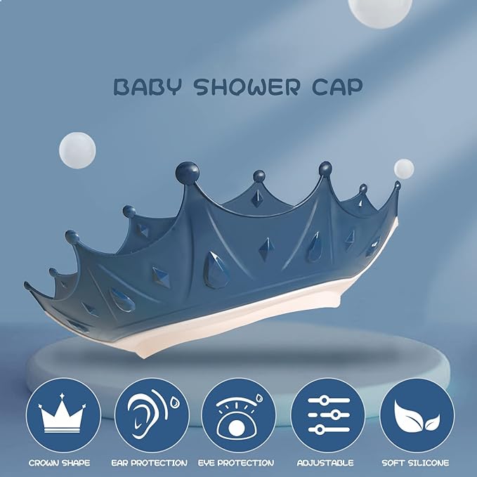 Baby Shower Cap Shield, Shower Cap for Kids, Visor Hat for Eye and Ear Protection for 0-9 Years Old Children, Cute Crown Shape Makes The Baby Bath More Fun(Blue)