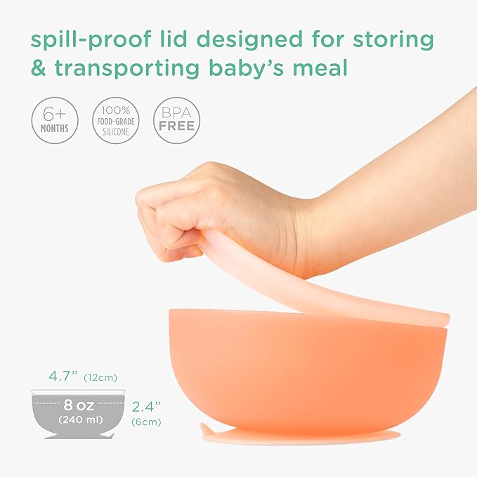 Olababy 100% Silicone Suction Bowl with Lid for Independent Feeding | First Stage Self Feeding Essential for Toddlers and Kids| Baby Led Weaning Snack Feeder | Food Container and Storage | (Blueberry)