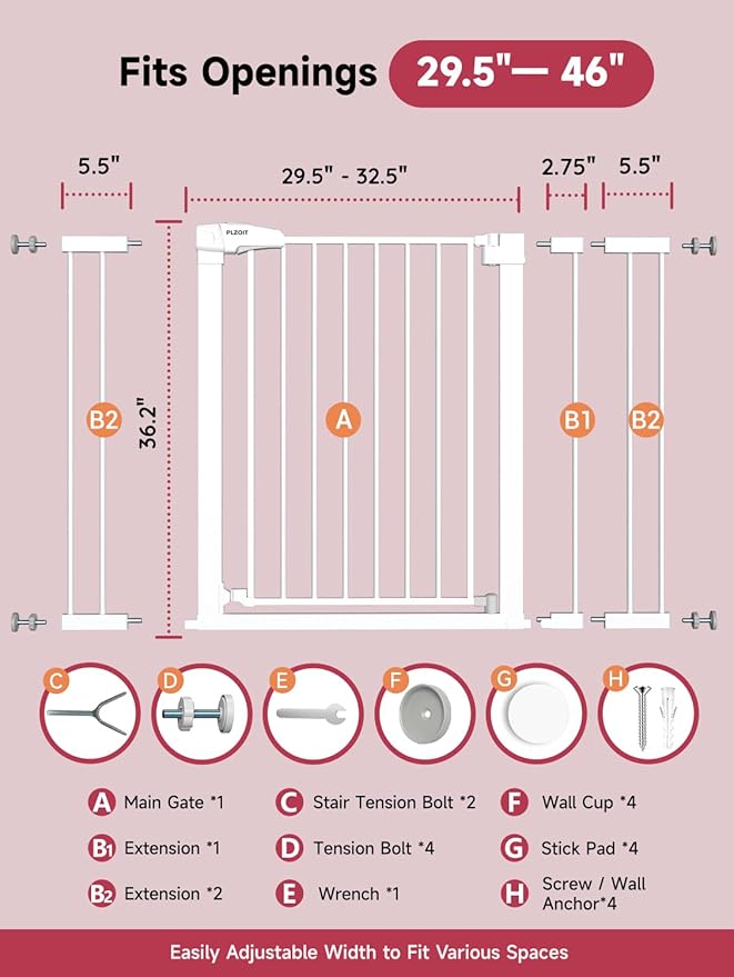 36.2" Extra Tall Baby Gate for Stairs, 29.5-46" Wide Dog Gate for Doorways, Walk Thru Auto Close Metal Child Gate for The House, Stairs and Doorways, Pet Gate Pressure Mounted Dog Gate Indoor (White)