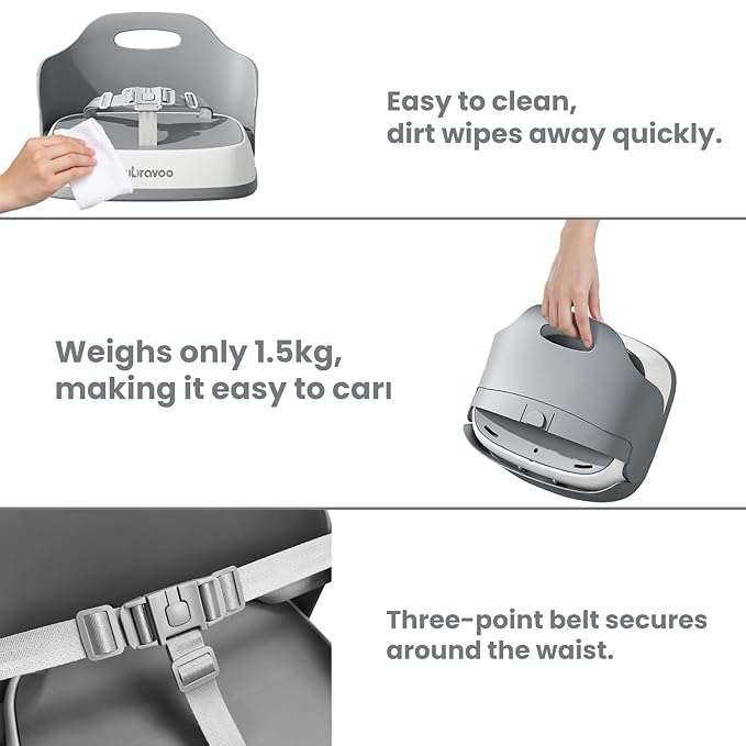 Baby Booster Seats, Toddler Booster Seat for Dining Table with Adjustable Straps, Portable Compact Portable Baby Chair for Dining and Travel (Grey)