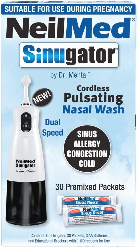 NeilMed Sinugator Cordless Pulsating Nasal Irrigator (Dual Speed) with 30 Premixed Packets and 3 AA Batteries - Black (Pack of 1)