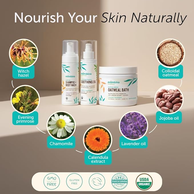 Mambino Organics Soothing Bath Set, Organic Oatmeal Bath Soak, Soothe Me Shampoo & Body Wash, and Calming Oil, Gentle for Sensitive Skin, Vegan, Baby Bath Essentials, 3-Pack, 5.5 oz Each