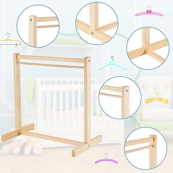 Civaner 11 Pcs Doll Garment Rack with Wooden Clothes Hanger for 18 Inch Girl Doll Clothes Mini Hangers Wardrobe Furniture Accessories for Dollhouse Baby Shower Supplies (Wood)