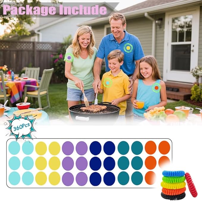 Mosquito Repellent Stickers, 360 Pack for Kids & Adults, Outdoor/Indoor, Natural Plant-Based, 6 Mosquito Bracelets Included