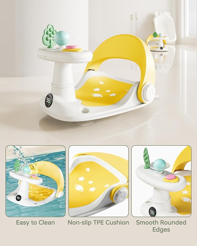 Baby Bath Seat for Babies 6 Months & Up Bath Seats for Babies Sitting Up Non-Slip Infant Bathtub Chair with Suction Cups & Water Thermometer for Toddlers Sitting Up, Easy to Clean (Yellow)