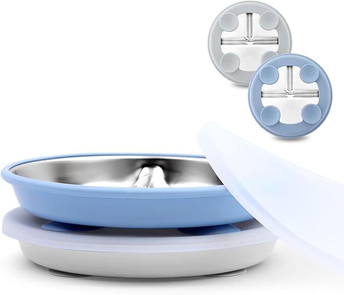 Stainless Steel Toddler Suction Plate with Lid, Deeper 9" Divided Plates with Removable Silicone Sleeves for Kids, Non Toxic & BPA Free | Unbreakable Baby Snack Dishes Set of 2, Blue & Gray