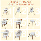 9 in 1 Convertible Baby High Chair with Booster, Wooden Highchair for Babies and Toddlers with Adjustable Tray & 5-Point Harness, Multi-Functional Growing Seat for Feeding, Learning & Play, Beige