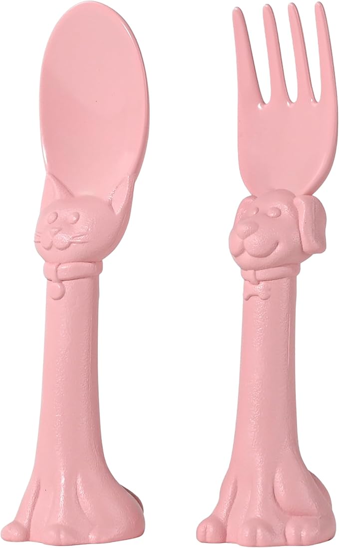 Made in USA Spoon la la Toddler Utensils Set - 2 Pack (1 Spoon & 1 Fork for Kids) - Self-Standing 3D Ergonomic Cat & Dog Handles - BPA-free, Dishwasher Safe, Baby Silverware (Pink)