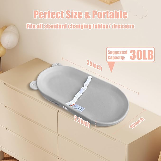 Waterproof Baby Changing Pad, Lightweight and Portable Changing Table with Strap for Changing Diaper, Dresser, Changing Table, Bed, Wipeable Changing Pad, Grey