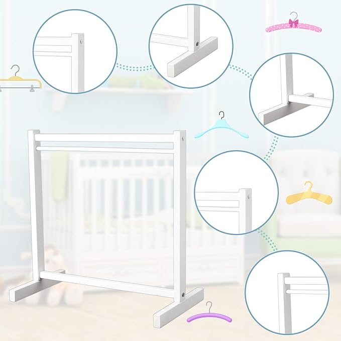 Civaner 11 Pcs Doll Garment Rack with Wooden Clothes Hanger for 18 Inch Girl Doll Clothes Mini Hangers Wardrobe Furniture Accessories for Dollhouse Baby Shower Supplies (White)