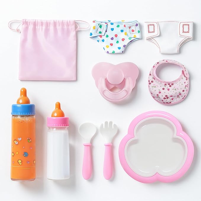 SCOM Reborn Baby Doll Accessories - 10 Pcs Feeding Set, Magic Disappearing Bottle with Milk & Juice, Pretend Play Toy with Alive Diaper & Magnetic Pacifier & Bib & Tableware, for Toddler Kid Gift Pink
