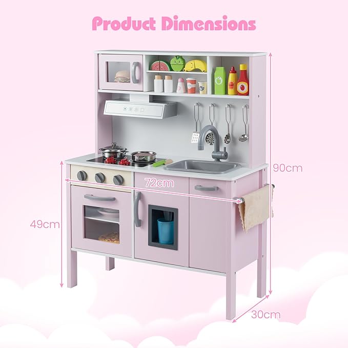 HONEY JOY Kids Kitchen Playset, Wooden Play Kitchen for Toddlers, Microwave, Range Hood, Ice Maker, 18 Cooking Accessories, Little Chef Pretend Play Toy Kitchen Set, Gift for Boys Girls, Pink
