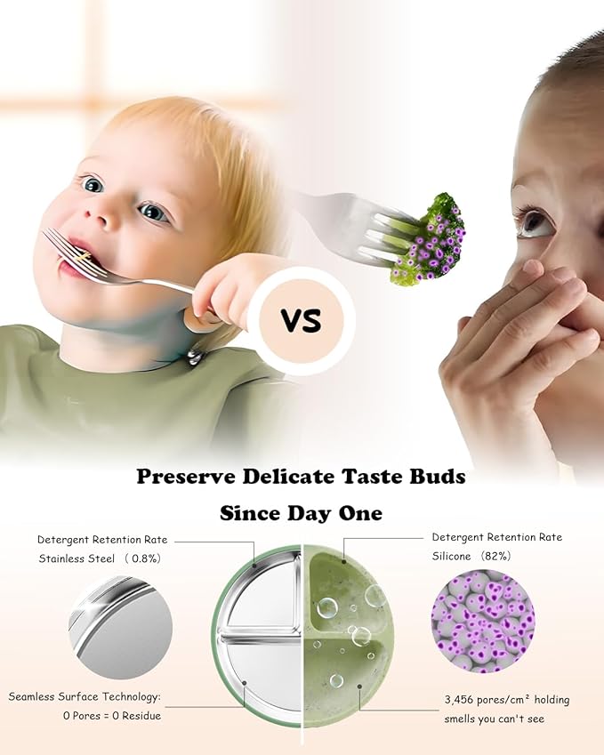 Stainless Steel Toddler Suction Plate with Lid, Deeper 9" Divided Plates with Removable Silicone Sleeves for Kids, Non Toxic & BPA Free | Unbreakable Baby Snack Dishes Set of 2, Green & Purple