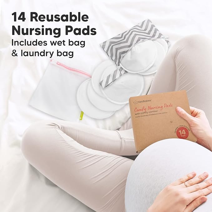 Organic Nursing Pads - 14 Washable Viscose Derived from Bamboo Breastfeeding Pads, Wash Bag, Reusable Breast Pads for Breastfeeding, Nipple Pads for Breastfeeding Essentials(Soft White, M 3.9")