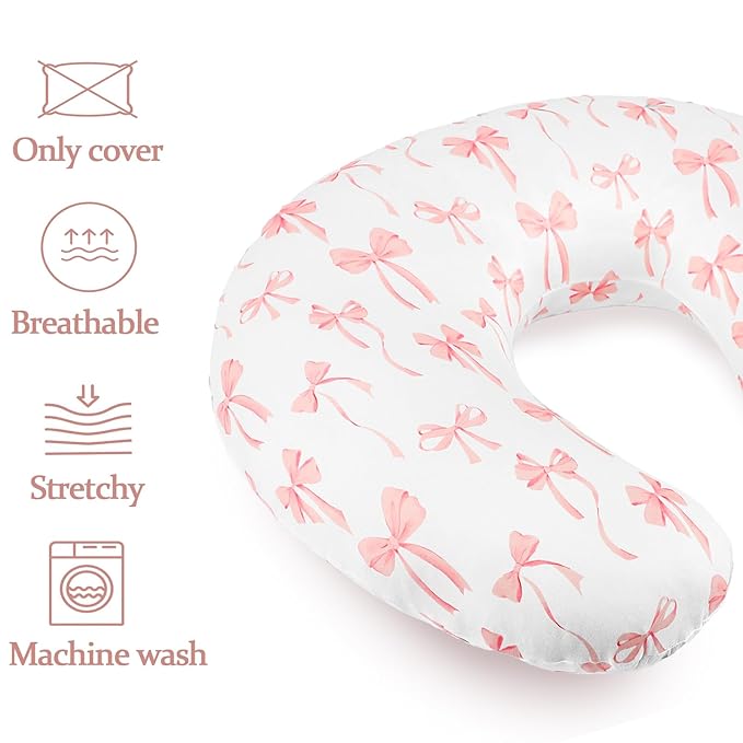 Nursing Pillow Cover, Removable Nursing Covers for Breastfeeding Pillows, Stretchy and Soft Fit for Baby Girls Boys Newborn, Pink Bow(Only Cover)