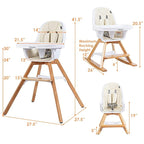 BABY JOY 3 in 1 High Chair, Baby Eat & Grow Convertible Wooden High Chair/Rocking Chair/Booster Seat/Toddler Chair, Infant Dining Chairs w/Double Removable Tray, 5-Point Seat Belt & PU Cushion, Beige