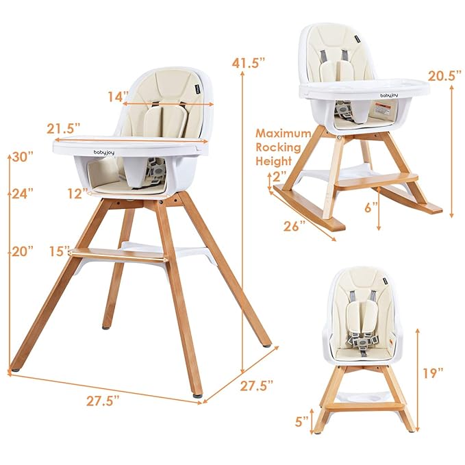 BABY JOY 3 in 1 High Chair, Baby Eat & Grow Convertible Wooden High Chair/Rocking Chair/Booster Seat/Toddler Chair, Infant Dining Chairs w/Double Removable Tray, 5-Point Seat Belt & PU Cushion, Beige