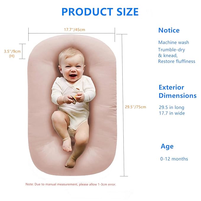 Baby Lounger Play Mat,Baby Lounger for Newborn Tummy Time for Baby in Bed,0° Angle Newborn Lounger Baby Nest for Boys & Girls 0-12 Months(Pink)