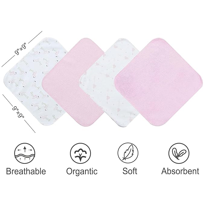 softan Baby Washcloths, 24Pack Baby Wash Cloths Extra Soft & Ultra Absorbent, Baby Towels and Washcloths Face Towel Unisex for Boys Girls Body, Washclothes Gentle on Sensitive Skin, 9x9 Flamingos