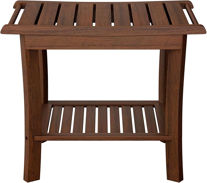 Teak Shower Bench with Shelf & Handle, 20 Inch Shower Stool for Standard Tubs & Showers, Non-Slip Waterproof Seat, Spa & Bathroom Storage Stool