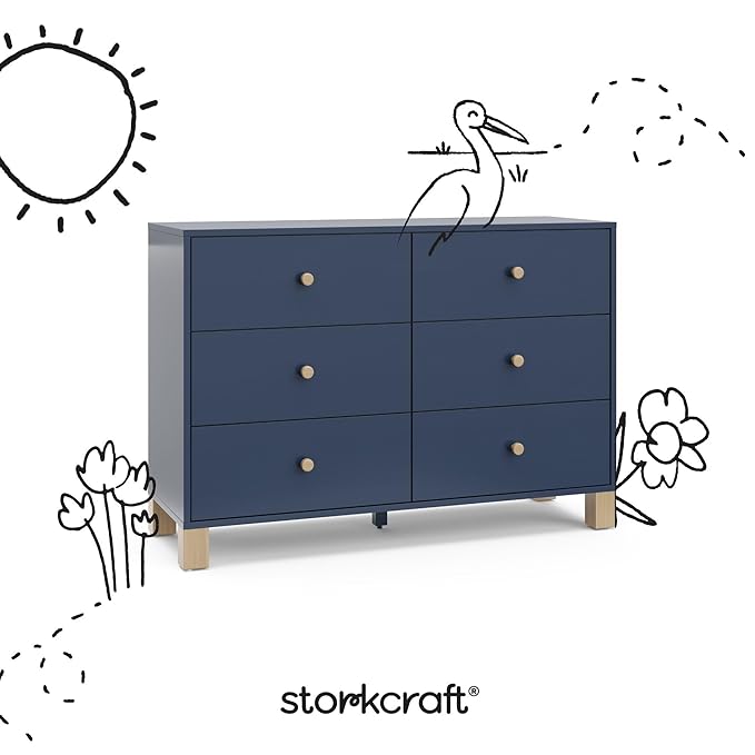 Storkcraft California 6 Drawer Double Dresser (Midnight Blue with Driftwood) – GREENGUARD Gold Certified, Spacious Storage Organizer for Kids’ Room, Safety Interlocking Drawer System