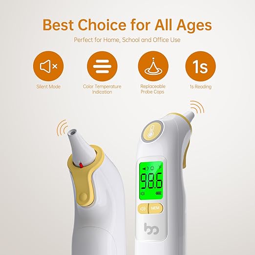 Ear Thermometer, Highly Accurate Ear Thermometer for Kids, Adults and Babies, 30 Memory Recall, 1s Result and 3-Color Fever Alert, with 24 Disposable Probe Covers, Yellow