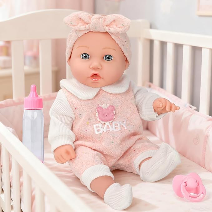 DONTNO 12'' Baby Doll in Gift Box with Pink Bear Pattern Clothes Accessories Playset,Pacifier,Feeding Bottle. Used for Gift Idea for Child Ages 3+