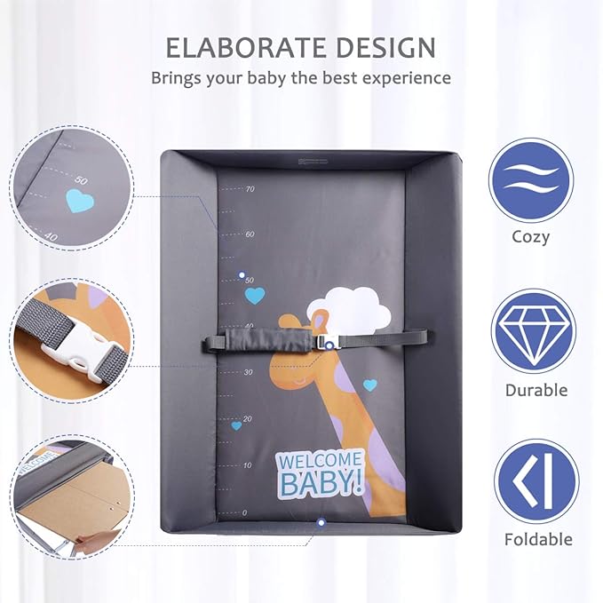 Baby Changing Table Portable Folding Diaper Changing Station with Wheels, Adjustable Height Mobile Nursery Organizer with Safety Belt and Large Storage Racks for Newborn Baby and Infant, Gray