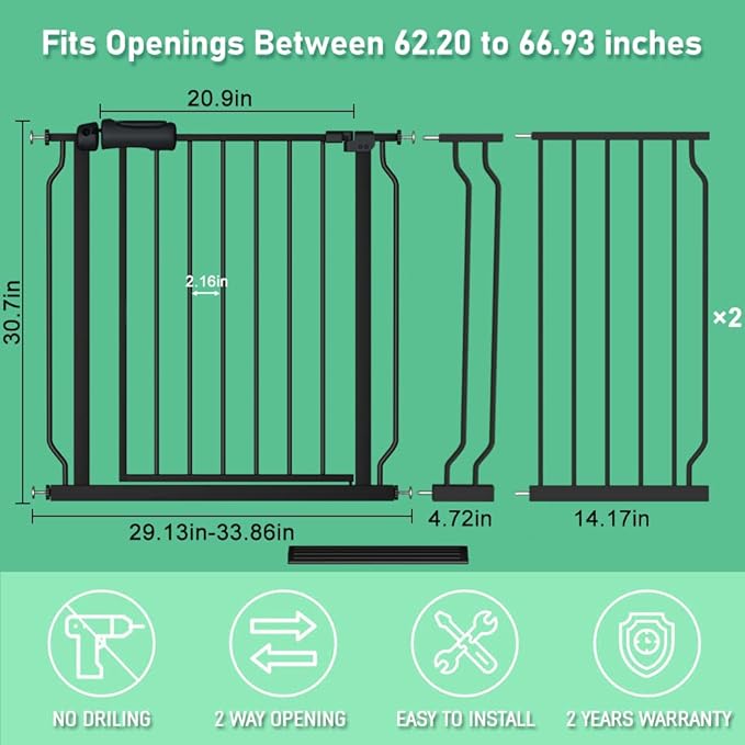 ALLAIBB Extra Wide Pressure Mounted Baby Gate Walk Through Child Kids Safety Toddler Tension White Long Large Pet Dog Gates with Extension for doorways (62.20-66.93"/158-170cm, Black)