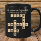 Family Forever Linked Together Custom Names Ceramic Mug, Crossword Puzzle Art, for Birthday, Anniversary or Special Occasions (Grandparents & Grandkids Forever Linked Together Black Mug)