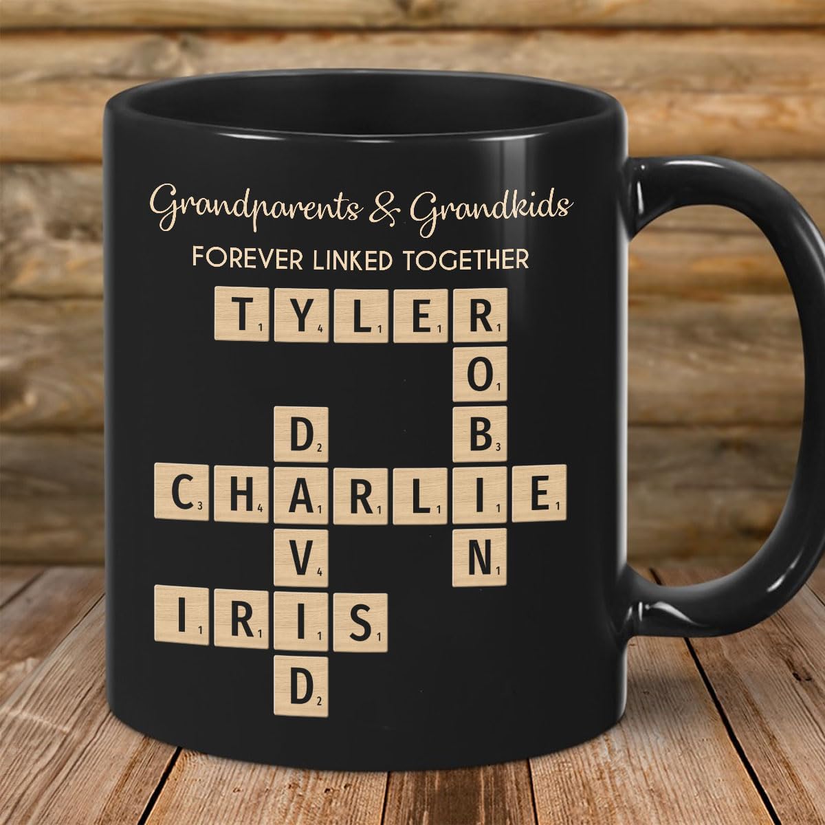 Family Forever Linked Together Custom Names Ceramic Mug, Crossword Puzzle Art, for Birthday, Anniversary or Special Occasions (Grandparents & Grandkids Forever Linked Together Black Mug)