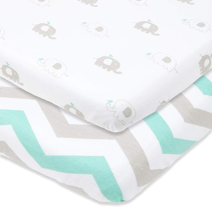Travel Crib Fitted Sheets Compatible With Guava Lotus, Baby Bjorn, Dream on Me Travel Crib Light Playard – Fits Perfectly on 24 x 42” Mattress Without Bunching Up – Snuggly Soft Jersey Cotton – 2 Pack