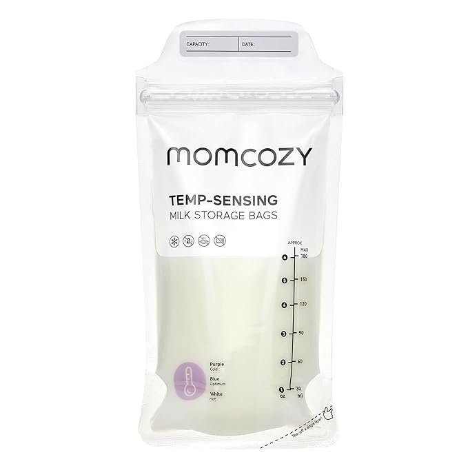 Momcozy Breastmilk Storing Bags, Temp-Sensing Discoloration Milk Storing Bags for Breastfeeding, Disposable Milk Storage Bag with 6 Ounce Self Standing, No-Leak Milk Freezer Storage Pouches, 50pcs