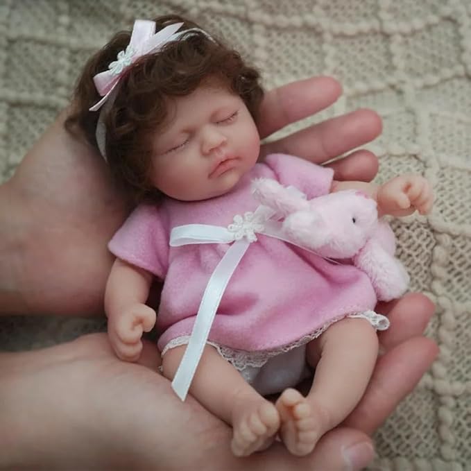 7 Inch Mini Silicone Baby Girl, Full Silicone Realistic Newborn Baby Doll, Long Eyelashes and Thick Hair with Feeding Accessories Gift Box
